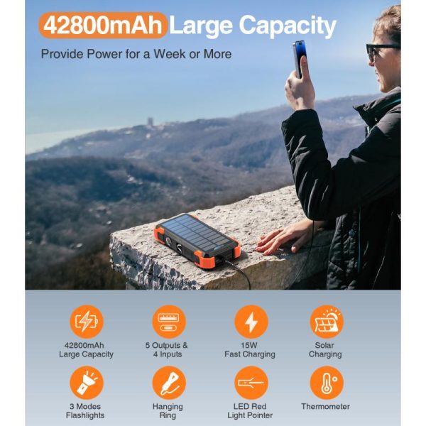 Sudrov 42800 mAh Solar Charger Power Bank Wireless Charger Built in 4 Cables 7 Outputs 15 Watts Fast Charging Power Bank for All Mobile Devices 3 Inputs Solar Portable Charger with Dual Flashlights, Carabiner and Thermometer - Image 2
