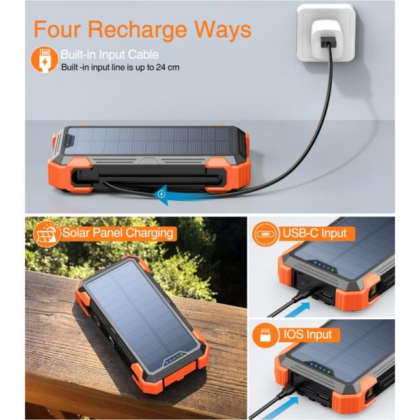 Sudrov 42800 mAh Solar Charger Power Bank Wireless Charger Built in 4 Cables 7 Outputs 15 Watts Fast Charging Power Bank for All Mobile Devices 3 Inputs Solar Portable Charger with Dual Flashlights, Carabiner and Thermometer - Image 4