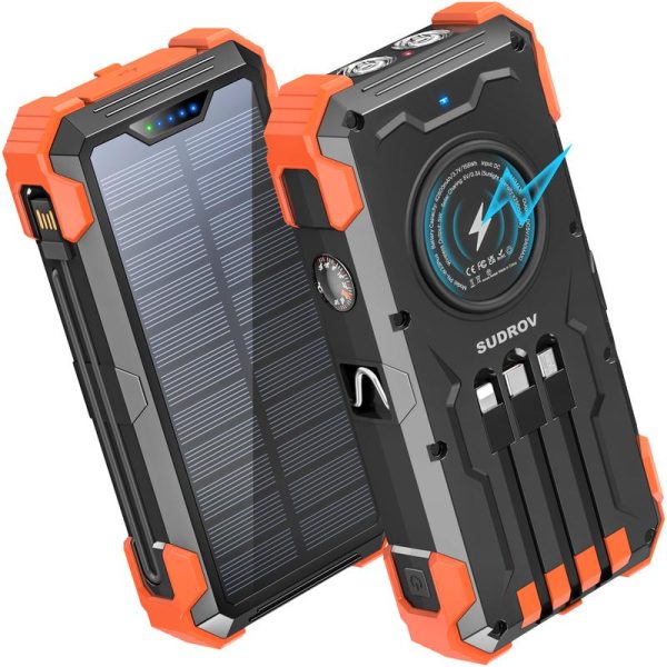 Sudrov 42800 mAh Solar Charger Power Bank Wireless Charger Built in 4 Cables 7 Outputs 15 Watts Fast Charging Power Bank for All Mobile Devices 3 Inputs Solar Portable Charger with Dual Flashlights, Carabiner and Thermometer - Image 9