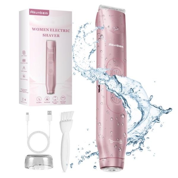 Akunbem Bikini Trimmer for Women, Electric Shaver and Razor Rechargeable 2-in-1 Body and Facial Epilator, Dual Heads for Painless Trimming of Pubic Hair, Face, Underarms and Legs, IPX7 Waterproof. Christmas Gift New Year Gift Shaving Grooming