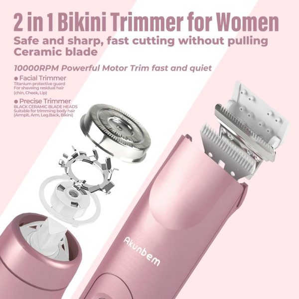 Akunbem Bikini Trimmer for Women, Electric Shaver and Razor Rechargeable 2-in-1 Body and Facial Epilator, Dual Heads for Painless Trimming of Pubic Hair, Face, Underarms and Legs, IPX7 Waterproof. Christmas Gift New Year Gift Shaving Grooming - Image 2
