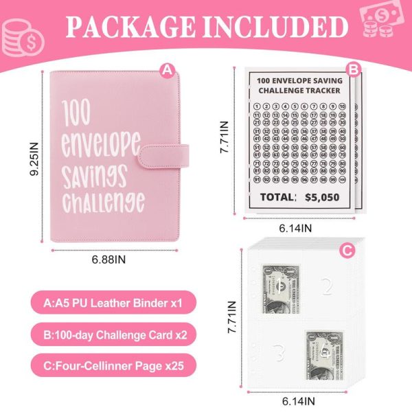 100 Envelopes Money Saving Challenge - A5 Money Saver Budget Binder Book with Cash Envelopes and Numbers, 100-Days of Easy and Funny Ways to Save $5,050 Cash Envelope Challenge Binder, Pink - Image 2