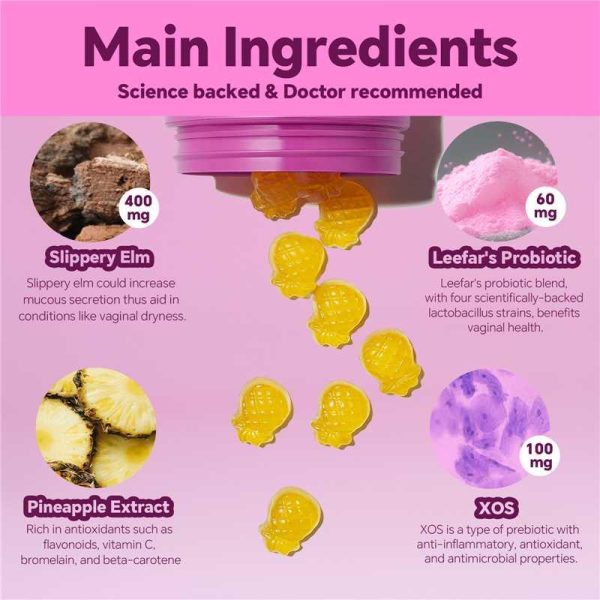 LEEFAR Her Juicy Feminine Probiotics Gummies- All in One Solution with Slippery Elm and Prebiotics&Lactobacillus Probiotic Blend for Women’s pH Balance and Dryness - Hawaiian Pineapple Gummies 60 Count probiotics women - Image 4