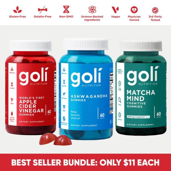 3 Bottles of Goli Best Seller Bundle: Ashwagandha KSM-66, Apple Cider Vinegar, Matcha Mind supplement with Cognizin, Vitamins D2 and B12 Healthcare Dietary