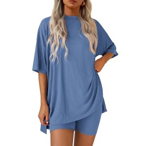 PrettyGarden Women's Summer Two-Piece Set 2025 Casual Oversized Crewneck Split Hem Shirts Side Pocket Biker Shorts Matching Airport Travel Outfit Basic Lounge Womenswear Clothes