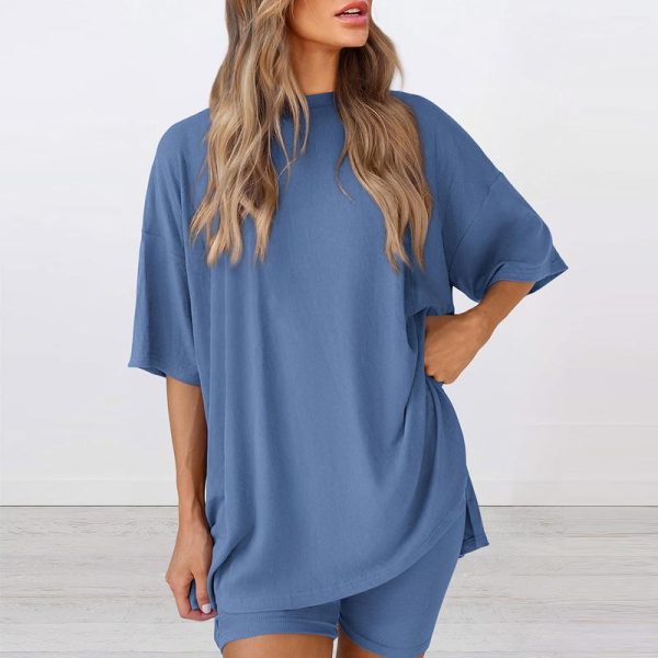 PrettyGarden Women's Summer Two-Piece Set 2025 Casual Oversized Crewneck Split Hem Shirts Side Pocket Biker Shorts Matching Airport Travel Outfit Basic Lounge Womenswear Clothes - Image 2