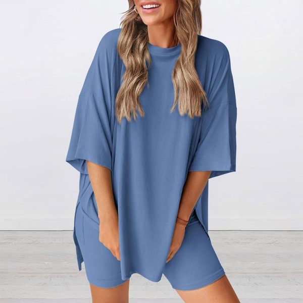 PrettyGarden Women's Summer Two-Piece Set 2025 Casual Oversized Crewneck Split Hem Shirts Side Pocket Biker Shorts Matching Airport Travel Outfit Basic Lounge Womenswear Clothes - Image 5