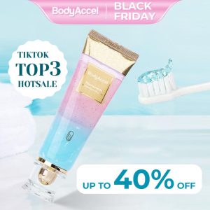 BodyAccel Toothpaste's newest fast-acting whitening formula - derived from natural peach extract - niacinamide - glamvorateeth whitening-max#dealsforyoudays