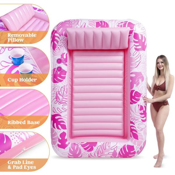 Sloosh-L/XL Inflatable Tanning Pool Lounge Float With Cup Holder, 70“X46”/85″ x 57″ Extra Large Pool Floats Adult with Pillow, 4 in 1 Suntan Tub Raft Floatie, Sunbathing Bed Lounge for Water Blow Up Kids Ball Pit Party Gifts, inflatable Sofa Pool - Image 2