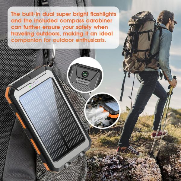 Solar portable charger -10000mAh built-in 2 LED flashlights, waterproof and dust-proof, compass, climbing buckle, USB-C interface output and input, external battery pack efficient charging, suitable for outdoor activities & travel - Image 3