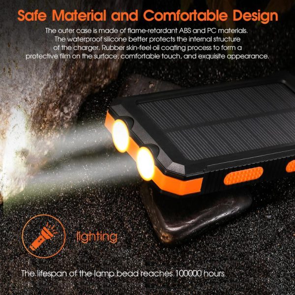 Solar portable charger -10000mAh built-in 2 LED flashlights, waterproof and dust-proof, compass, climbing buckle, USB-C interface output and input, external battery pack efficient charging, suitable for outdoor activities & travel - Image 4