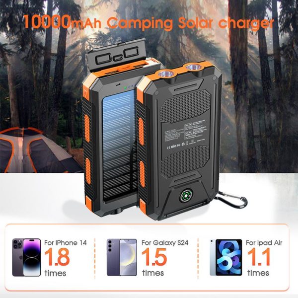 Solar portable charger -10000mAh built-in 2 LED flashlights, waterproof and dust-proof, compass, climbing buckle, USB-C interface output and input, external battery pack efficient charging, suitable for outdoor activities & travel - Image 6