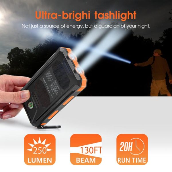 Solar portable charger -10000mAh built-in 2 LED flashlights, waterproof and dust-proof, compass, climbing buckle, USB-C interface output and input, external battery pack efficient charging, suitable for outdoor activities & travel - Image 7
