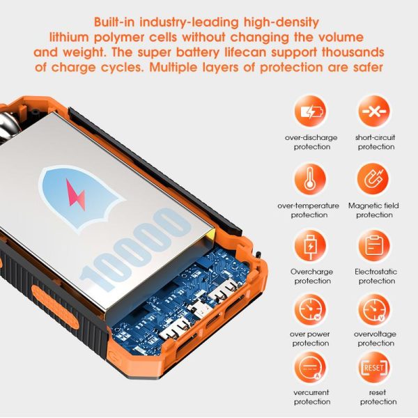 Solar portable charger -10000mAh built-in 2 LED flashlights, waterproof and dust-proof, compass, climbing buckle, USB-C interface output and input, external battery pack efficient charging, suitable for outdoor activities & travel - Image 9